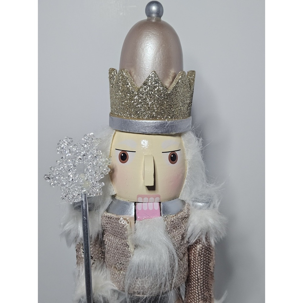King Nutcracker 19" Wooden Christmas Decor Hollywood Style White Gold Pink - Picture 2 of 8